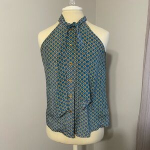 Girls From Savoy Retro Blue and Yellow Sleeveless Silk Blouse